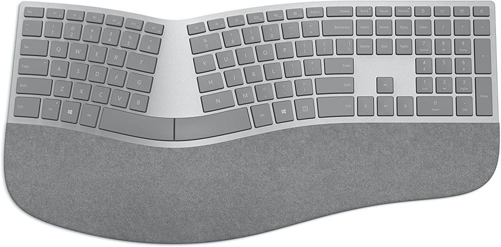 Le [Microsoft Surface Ergonomic Keyboard](https://www.amazon.fr/Microsoft-Clavier-Ergonomique-Surface-AZERTY/dp/B06XRB1L3B/?tag=macgeneration), un excellent « clavier PC », qui peut tout à fait être utilisé avec un Mac. Image Microsoft.