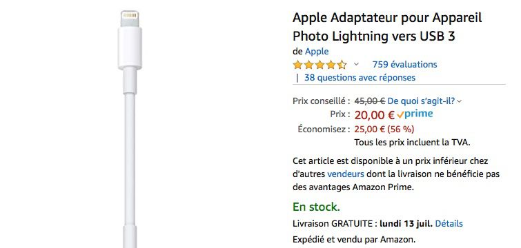 Apple Adaptateur pour Appareil Photo Lightning vers USB 3 : Apple