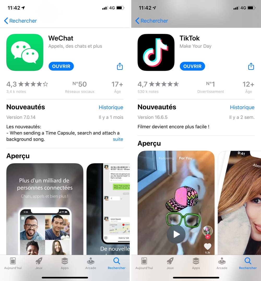 WeChat et TikTok sur l'App Store.