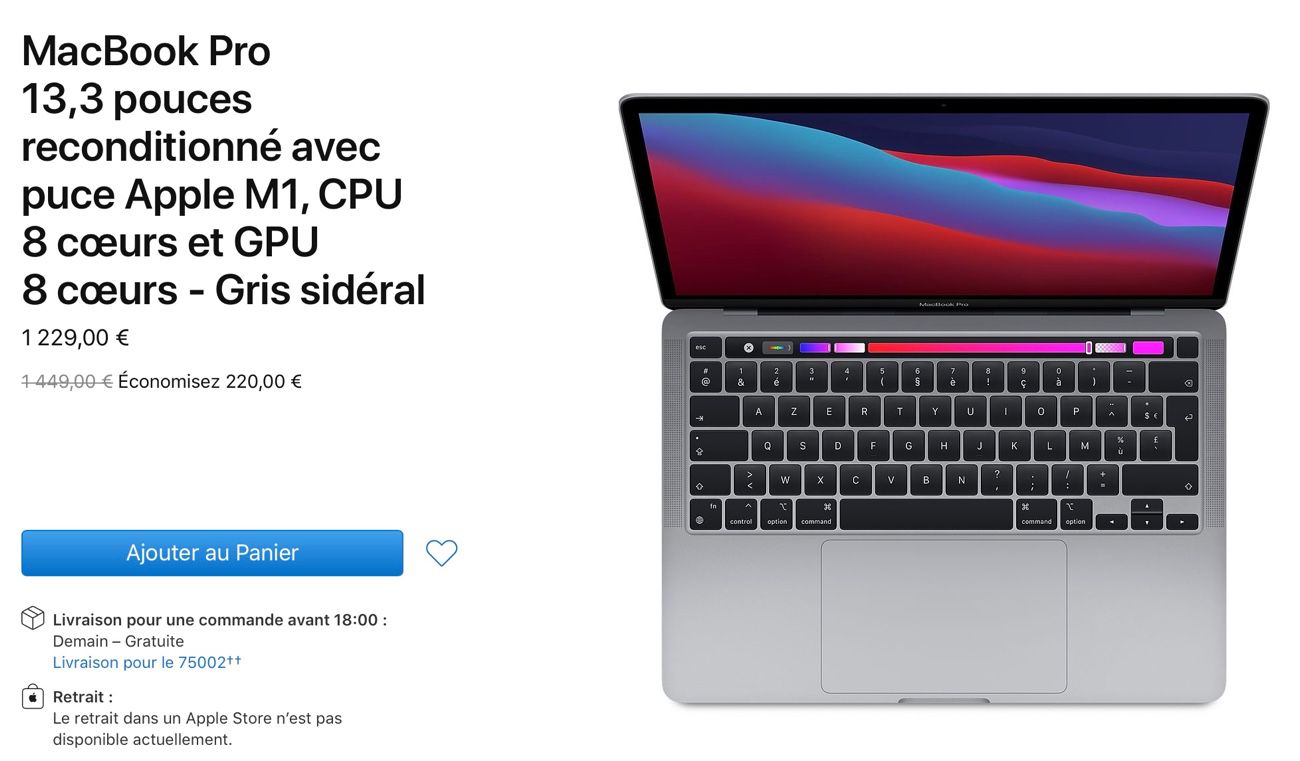 Refurb : MacBook Pro M1 à 1 229 € (-220 €)