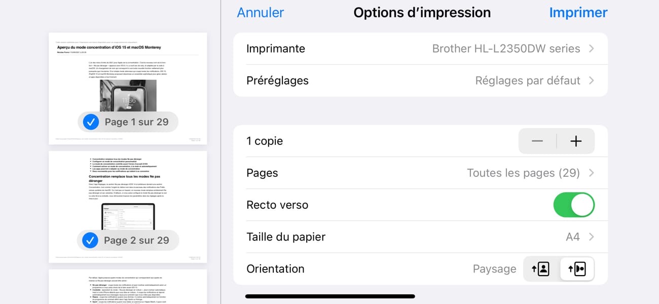 iOS 15 peut régler les paramètres d'impression des imprimantes AirPrint