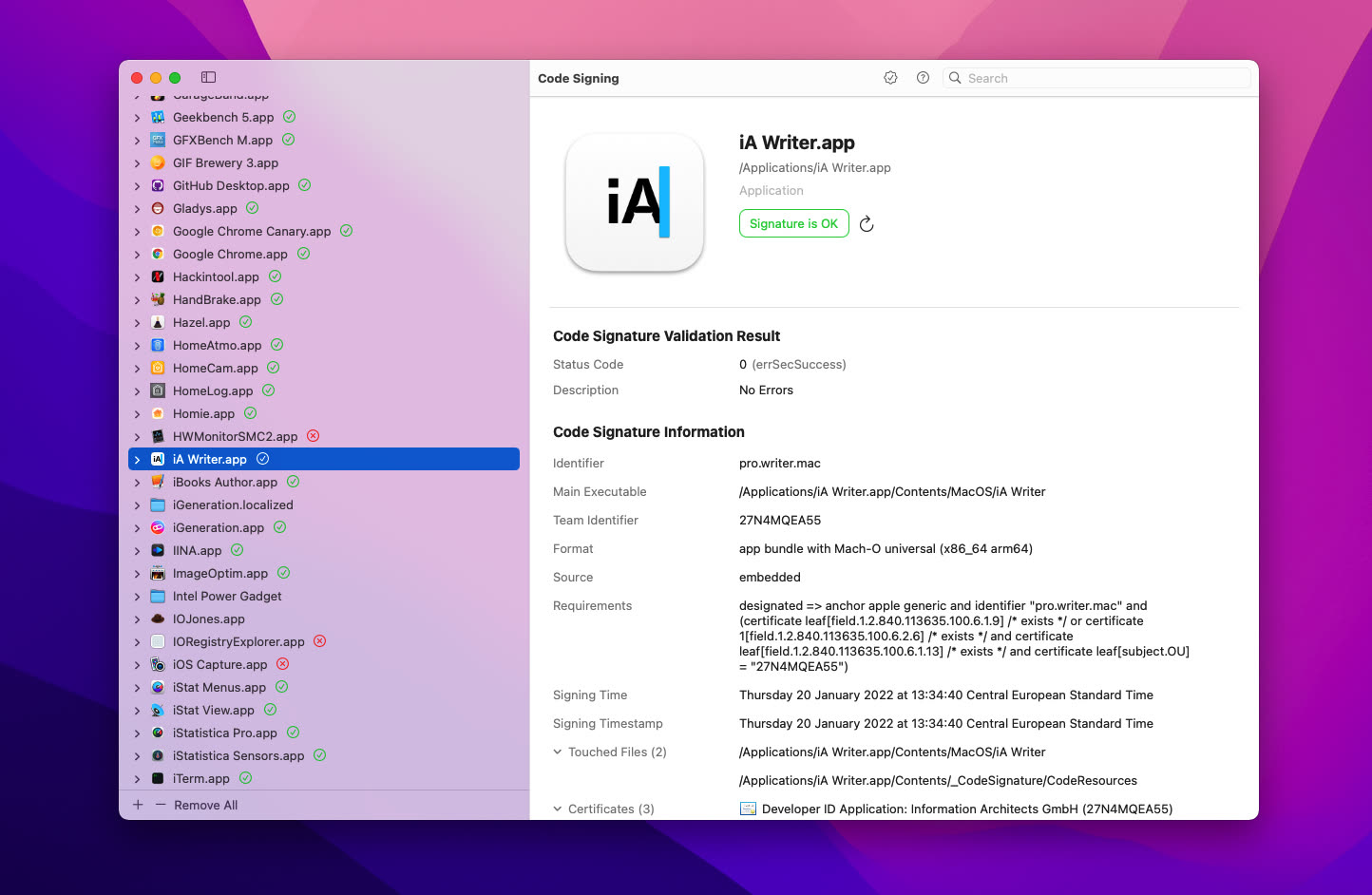 Code Signing affiche le détail sur la signature des apps macOS ...