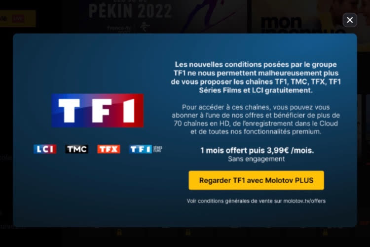 Sur Molotov, les chaînes de TF1 nécessitent maintenant un abonnement payant
