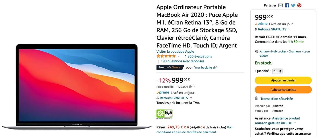 Apple Ordinateur Portable MacBook Air 2020 : Puce M1, éCran Retina