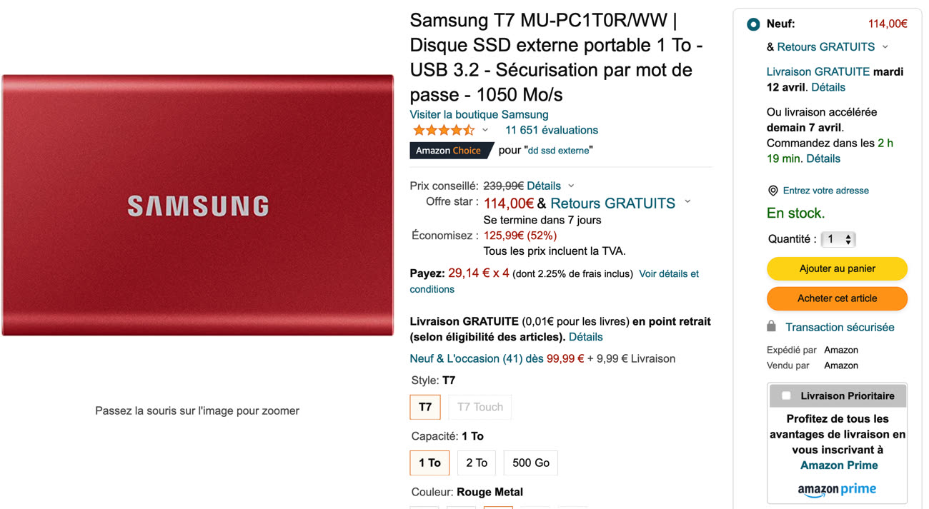 Samsung Portable SSD T7 Touch 1 To noir au meilleur prix sur