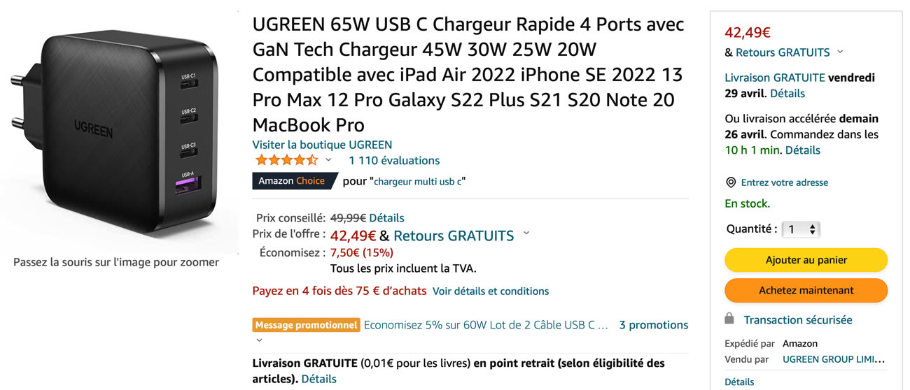 Promo : le chargeur Ugreen 65W avec 4 ports à 42,49 € sur  (-15 %)