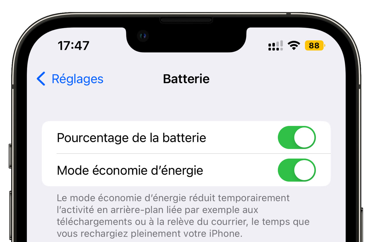 iOS 16 : on peut désactiver l'affichage du pourcentage de la batterie avec  le mode d'économie d'énergie