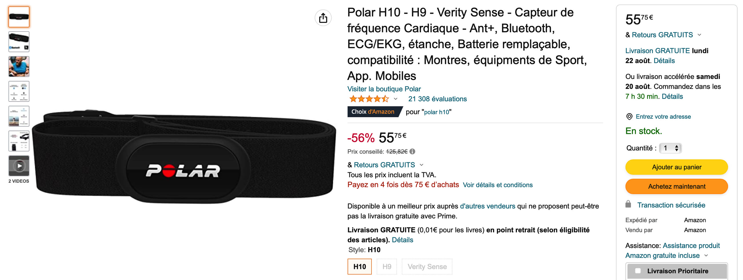 Cardiofréquencemètre Polar H10 Noir – Capteur Bluetooth ANT+ – Sangle Comprise – Taille M-XXL – Neuf