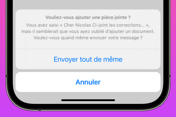 macOS Ventura, iOS 16 : Mail prévient de l'absence d'une pièce jointe en français