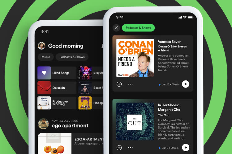 Des flux spécialisés musique et podcasts sur la page d'accueil de l'app Spotify