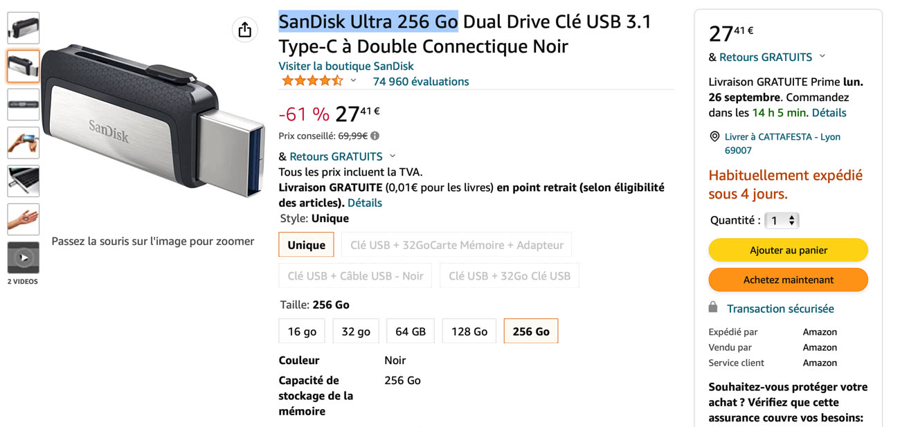 64 Go Clé USB 3.1 Sandisk Ultra Luxe Double Connectique Type-C & USB T