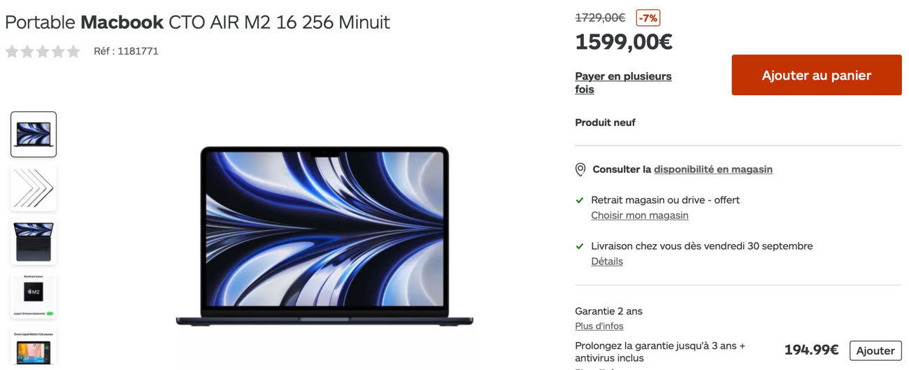 Promo : MacBook Air M2 à 1 429 € ou 1 599 € avec option 16 Go de