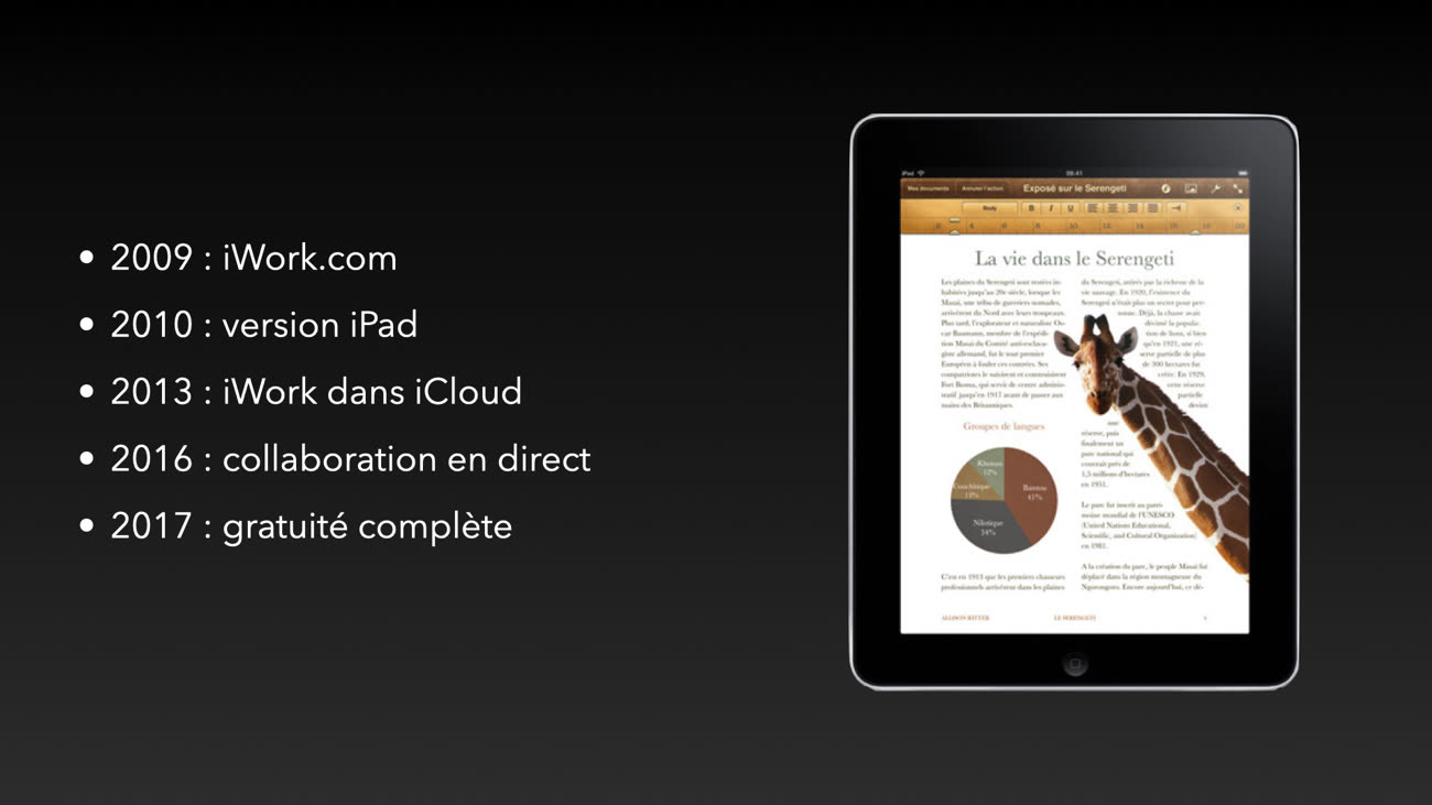 Une diapositive illustrée avec la première version de Pages pour iPad. Texte : 2009 : iWork.com
2010 : version iPad
2013 : iWork dans iCloud
2016 : collaboration en direct
2017 : gratuité complète