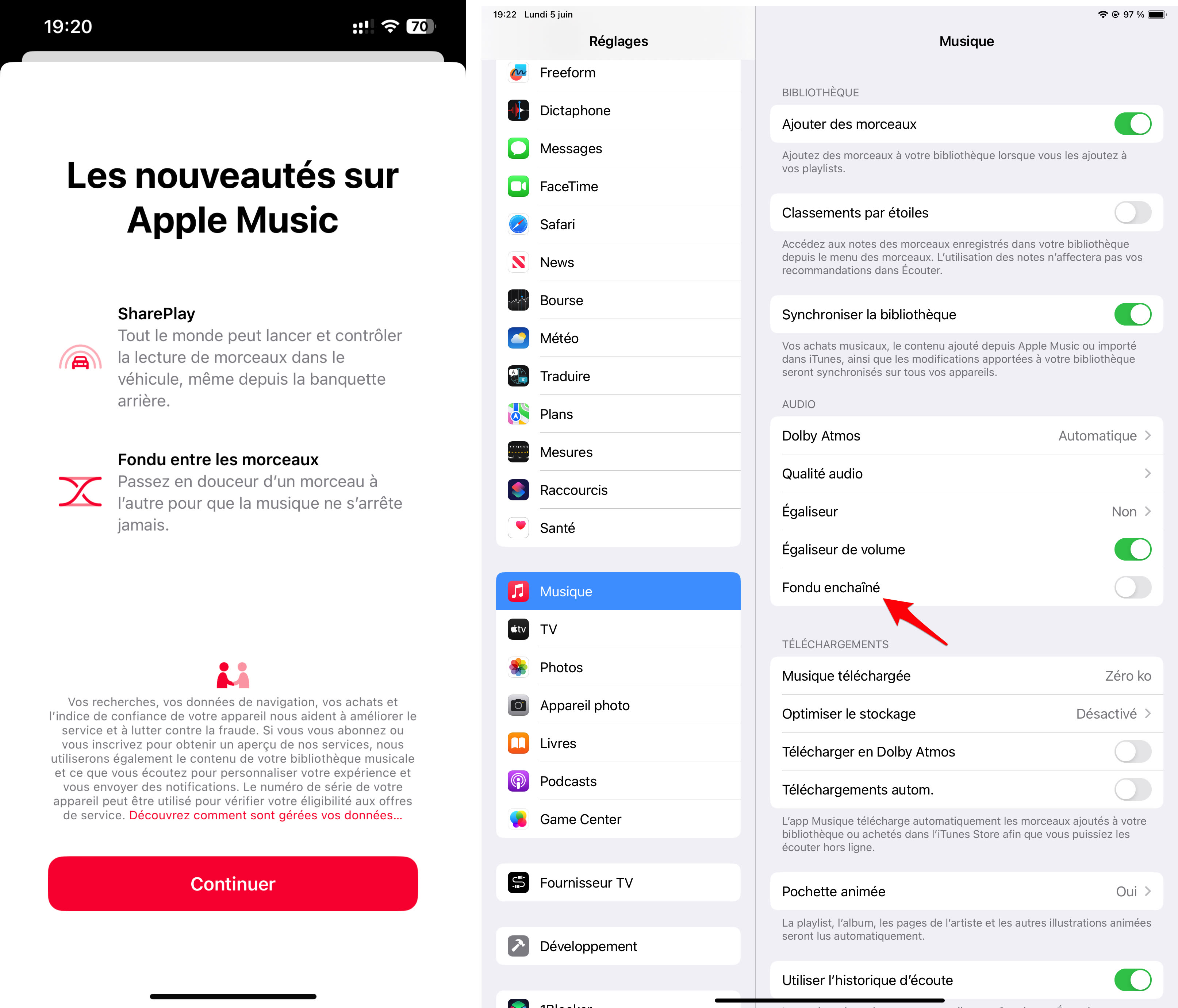 Ceci est une révolution le fondu enchaîné dans Apple Music avec iOS