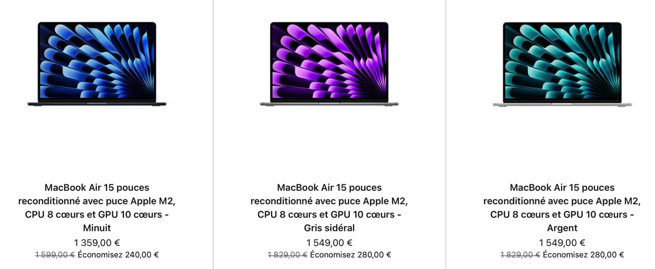 MacBook Air 15 pouces reconditionné avec puce Apple M2, CPU 8