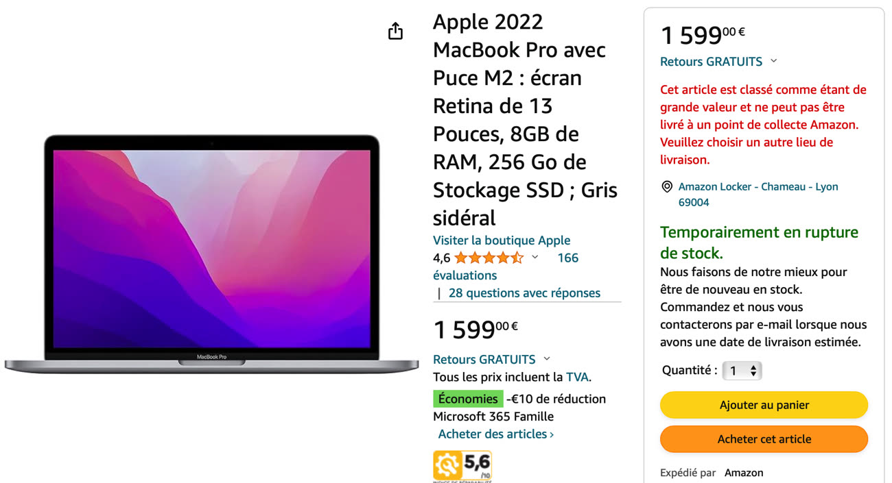 PC Portable APPLE MacBook Air M2, puce M2, 8Go, 256Go SSD, Ecran