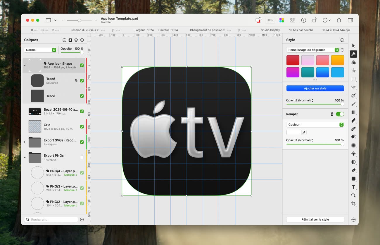 Le modèle pour icônes est destiné à Photoshop, même s’il fonctionne aussi très bien dans Pixelmator Pro. Image MacGeneration.