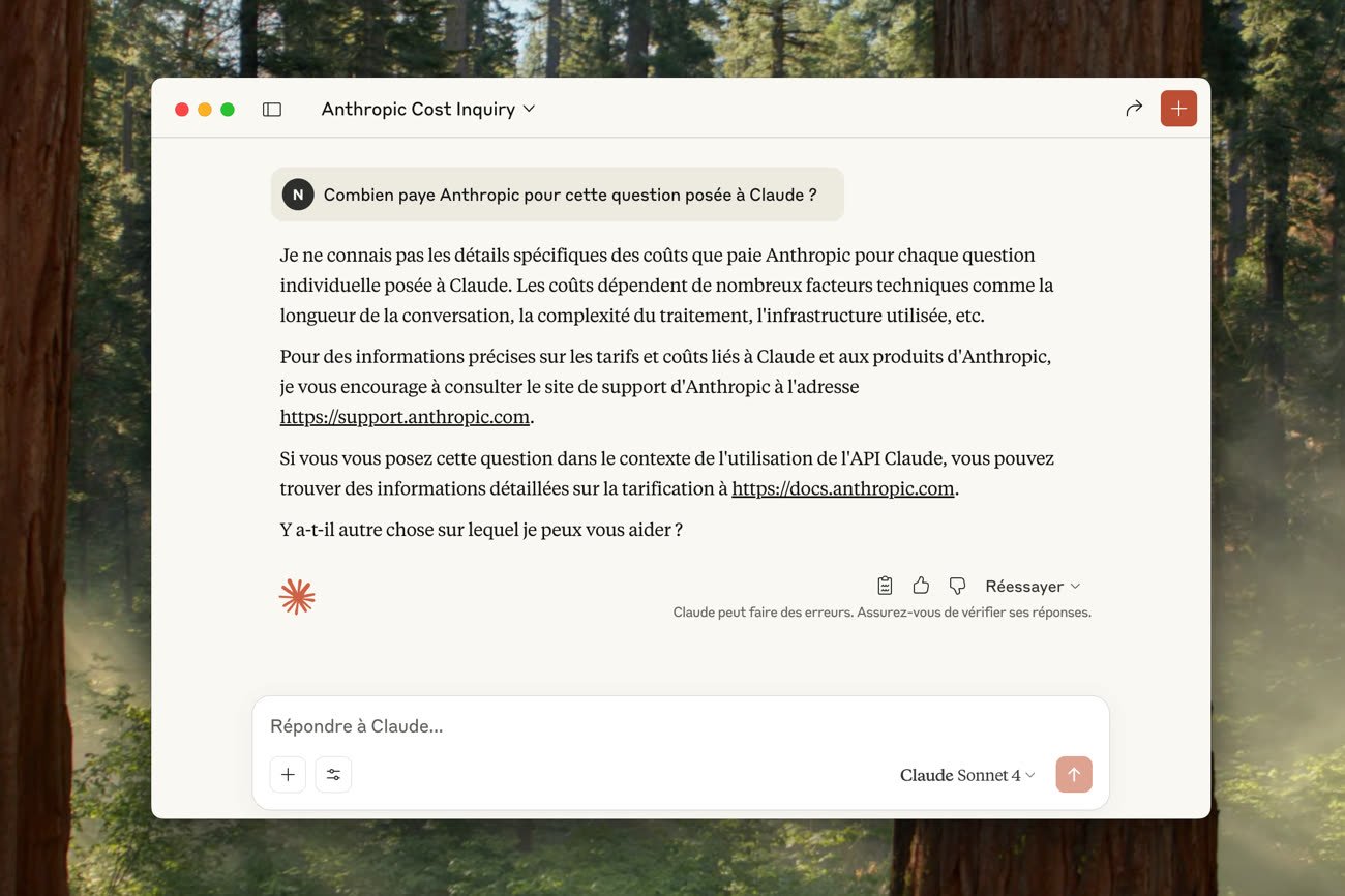 Claude ne sait/veut pas répondre à la question du coût par requête pour Anthropic. Image MacGeneration.