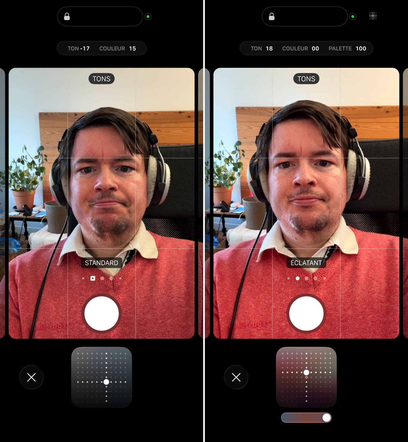Le style standard à gauche, le nouveau style lumineux à droite sur la caméra avant d’un iPhone 16 Pro. Image iGeneration.