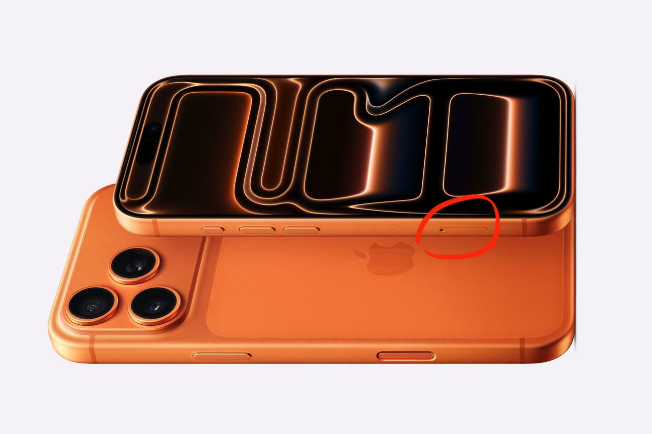 L’ouverture pour le tiroir dédié à la carte SIM est bien visible sur le côté de cet iPhone 17 Pro européen. Image Apple/iGeneration.