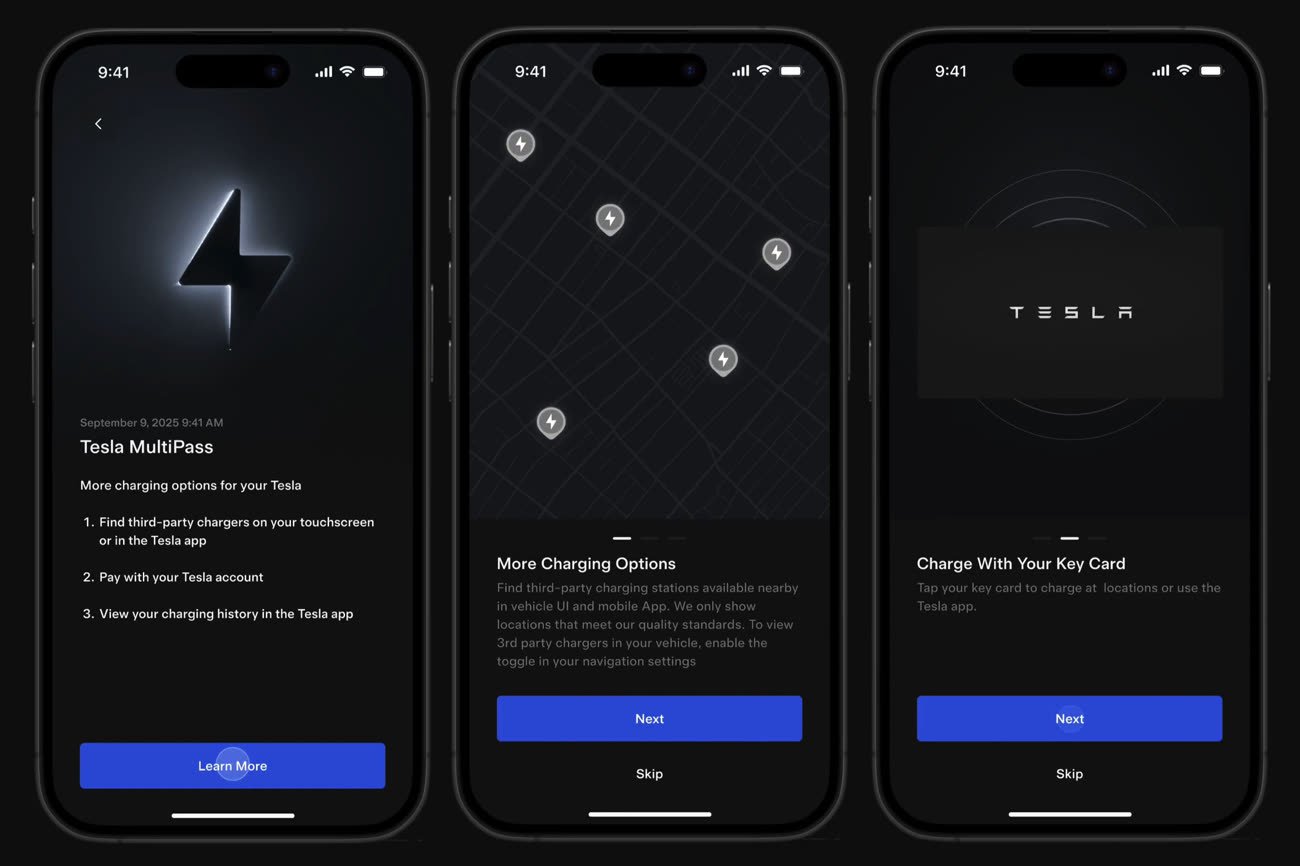 Présentation du MultiPass dans l’app officielle de Tesla. Capture d’écran vidéo [@TeslaCharging@x](https://x.com/TeslaCharging/status/1965296425069412403).