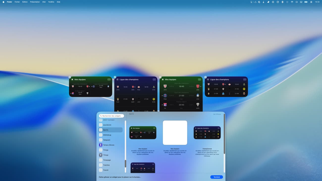 Tous les widgets d’Apple Sports, visualisés depuis un Mac (avec les bugs d’affichage qui sont toujours assez courants dans ce domaine…). Image iGeneration.