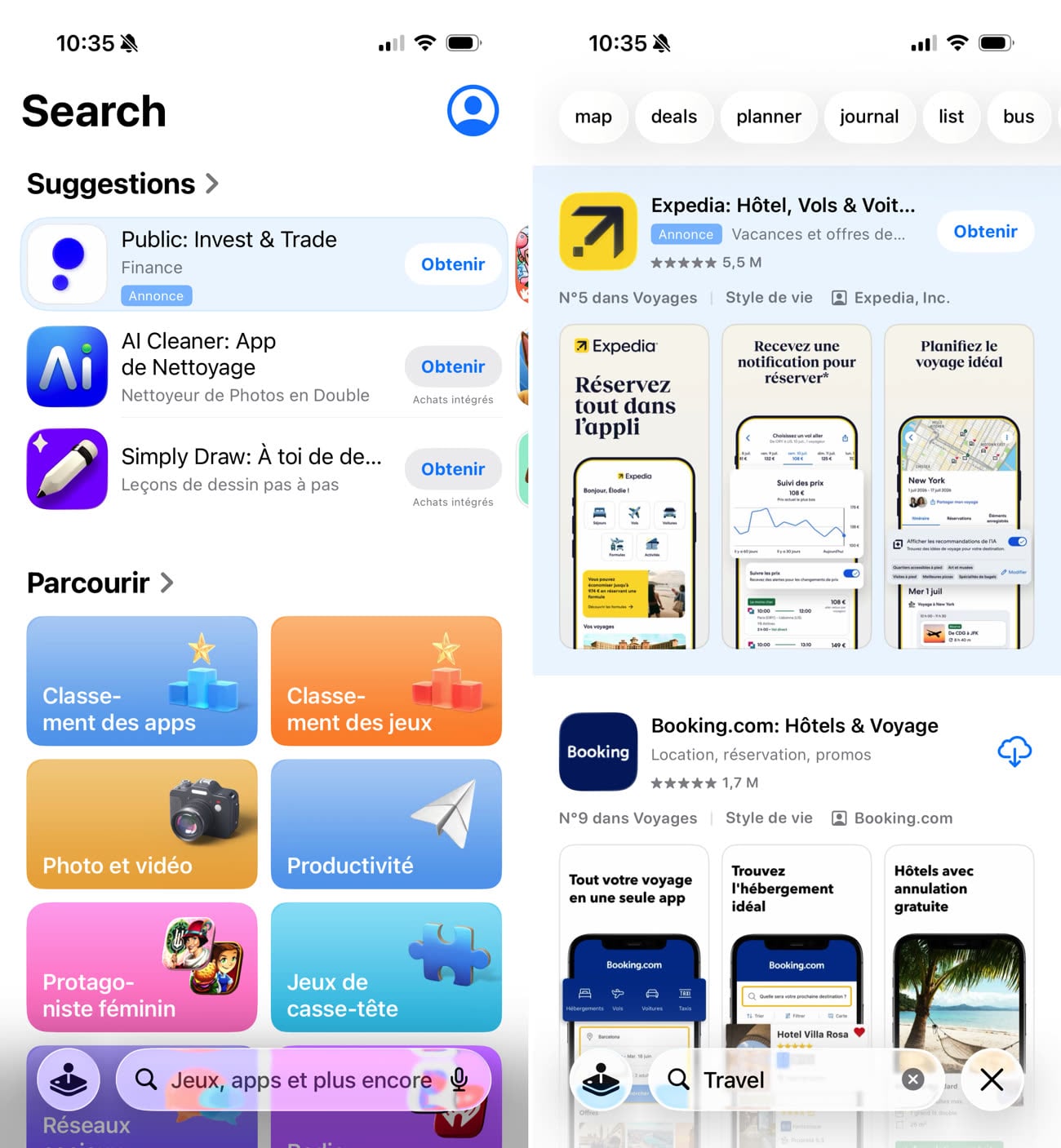 L’état actuel de la recherche dans l’App Store : une publicité parmi les suggestions à gauche, une publicité en tête des résultats à droite. Image iGeneration.
