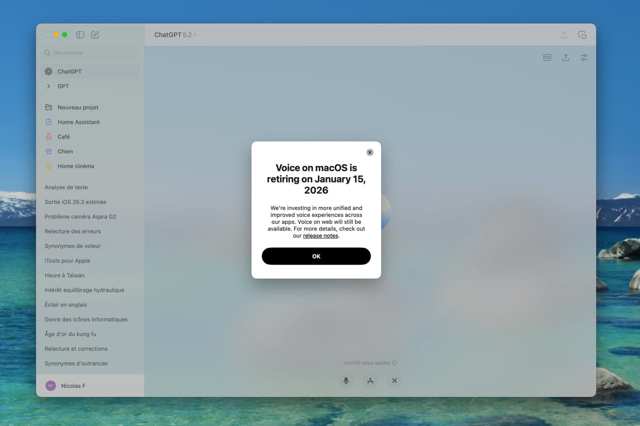 Le message indiquant la fin à venir de ChatGPT Voice sur le Mac. Image MacGeneration.
