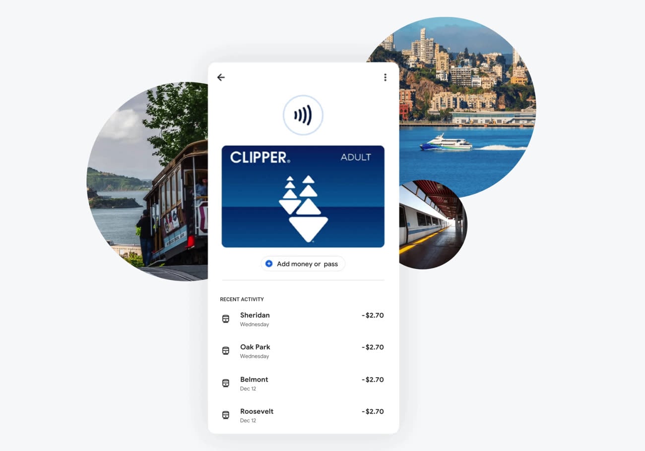 Clipper, l’équivalent du pass Navigo à San Francisco, trouve déjà sa place dans Google Wallet, avec la possibilité d’acheter des titres de transport directement depuis l’app. Image Google/iGeneration.