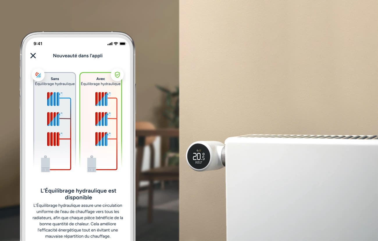L’équilibrage hydraulique expliqué dans l’app de Tado°, à côté d’une tête thermostatique indispensable au bon fonctionnement de la fonctionnalité. Image Tado°.