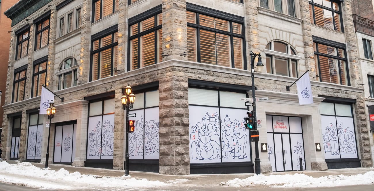 La boutique quasiment prête pour l’ouverture. Photo [*iPhone in Canada*](https://www.iphoneincanada.ca/2026/01/05/apple-is-making-a-big-change-in-downtown-montreal-whats-coming/).