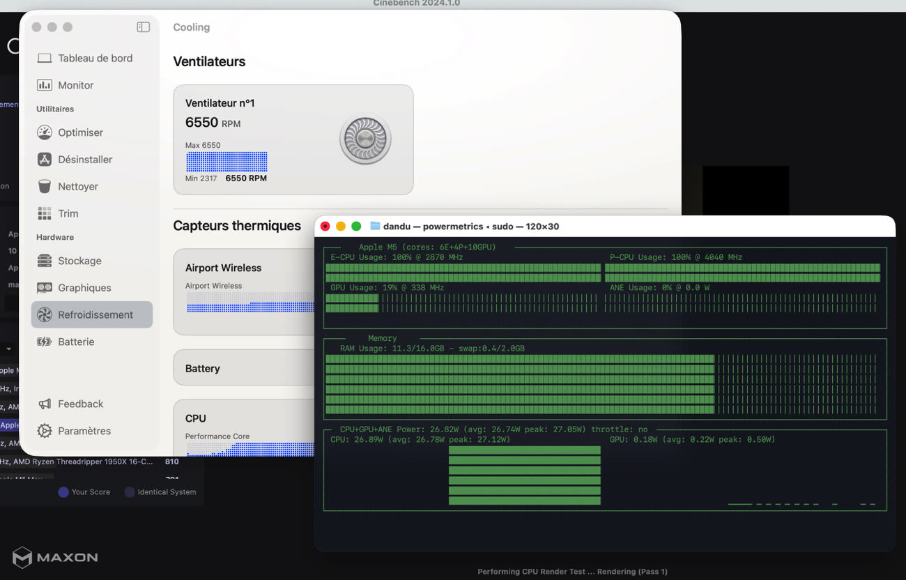 En charge, le ventilateur du MacBook Pro M5 monte rapidement. Image MacGeneration