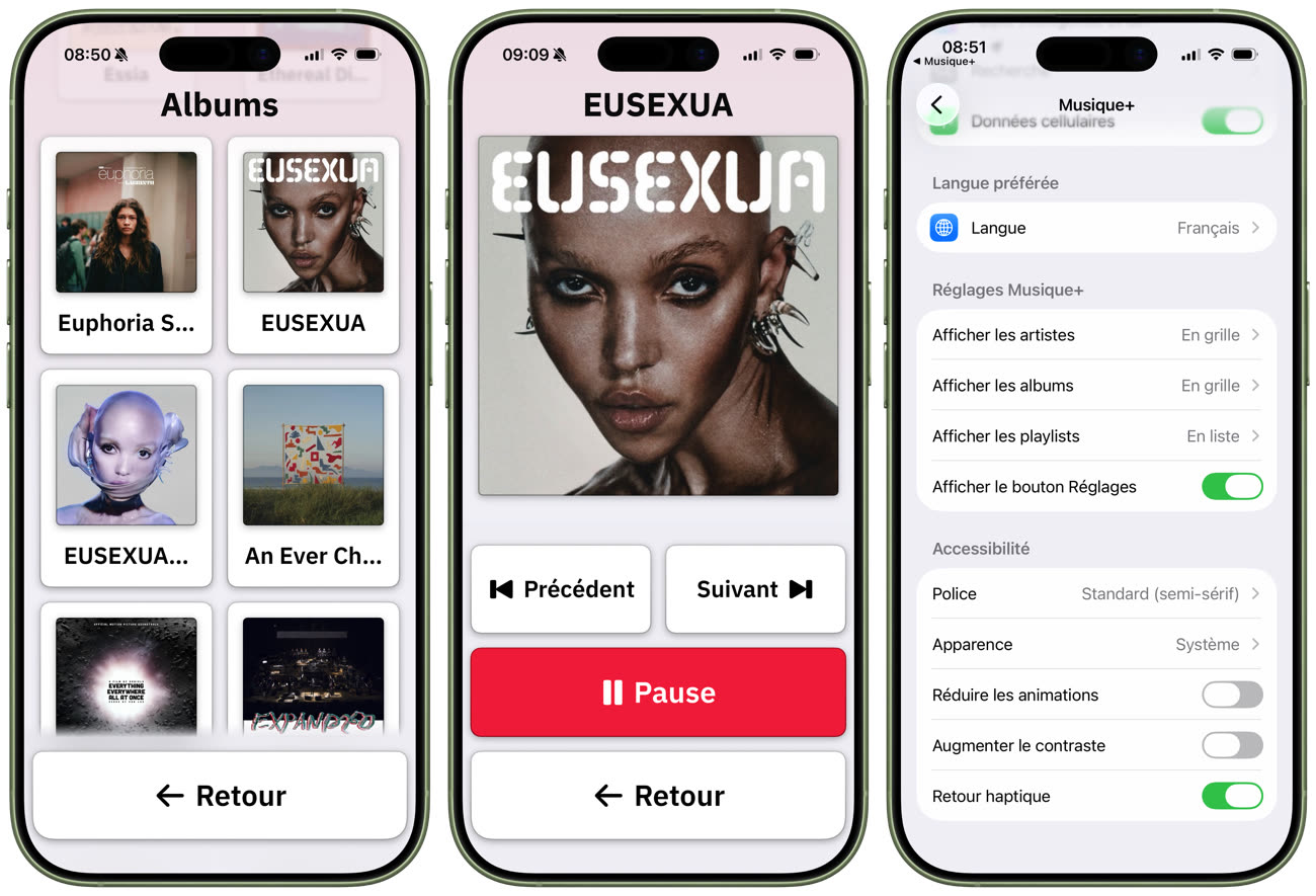 La liste d’albums à gauche, le détail d’un album en cours de lecture au centre et les réglages cachés dans l’app d’iOS à droite. Image iGeneration.