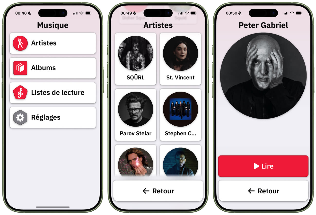 L’écran d’accueil à gauche, la liste d’artistes au centre et la page d’un artiste à droite. Image iGeneration.