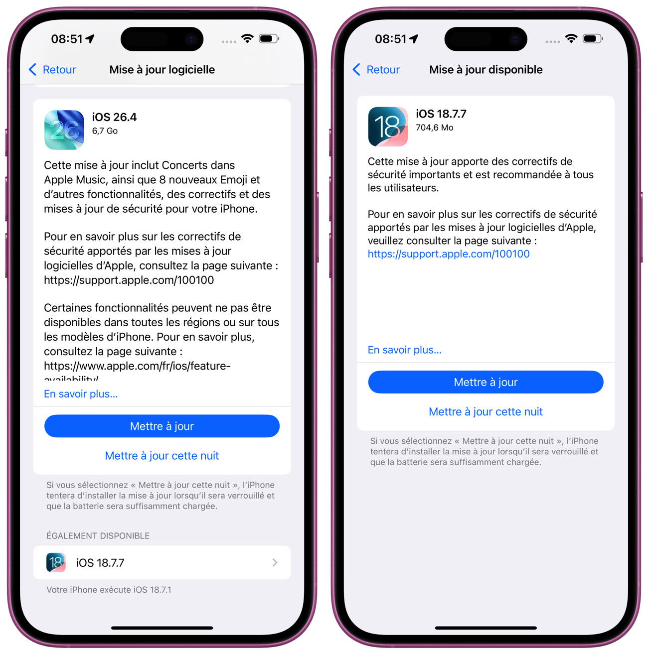 iOS 18.7.7 est proposé à côté d’iOS 26 sur cet iPhone 15 Plus. Image iGeneration.