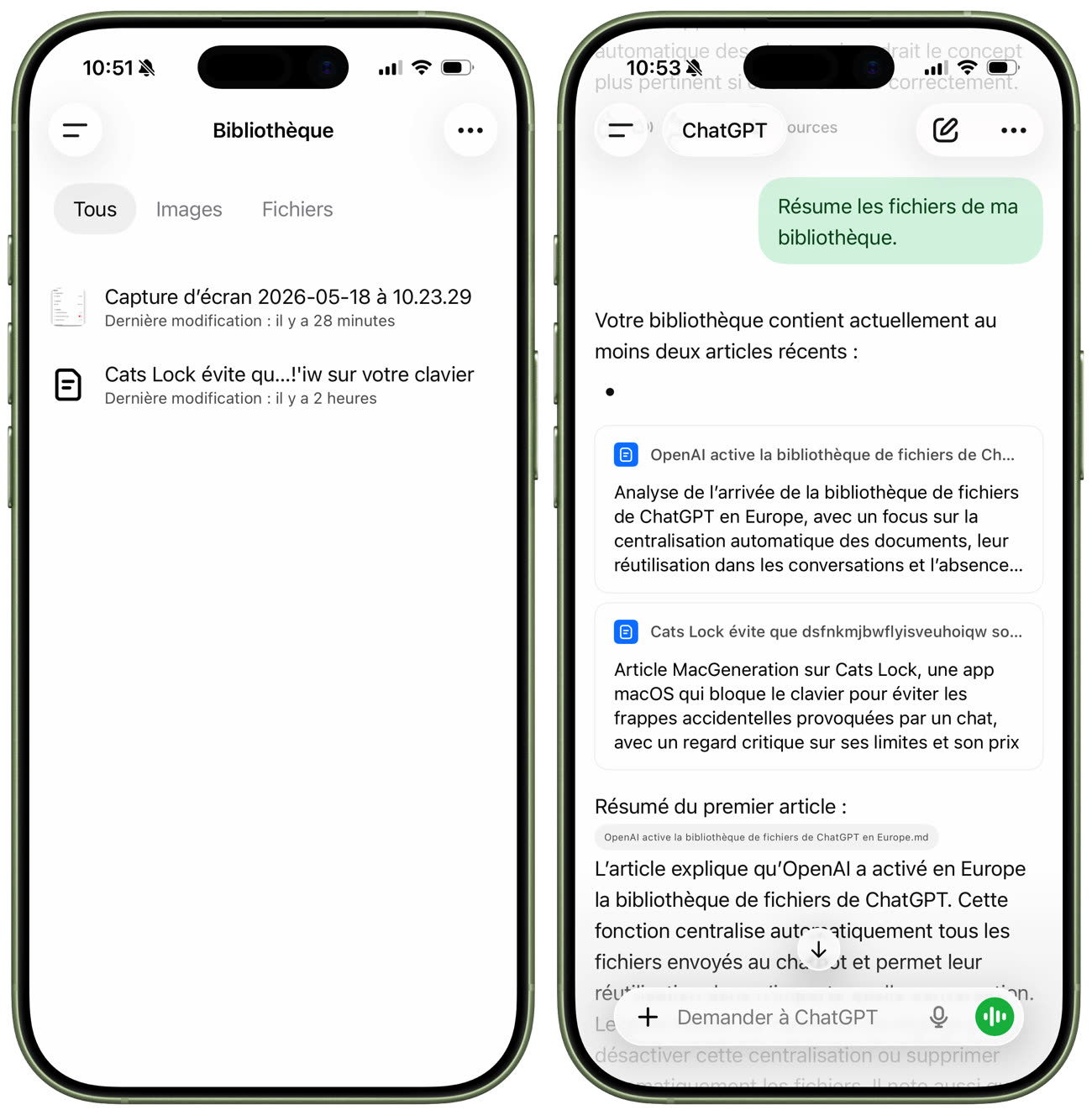 La bibliothèque de ChatGPT depuis un iPhone, avec les documents à gauche et leur exploitation dans une discussion à droite. Image MacGeneration.