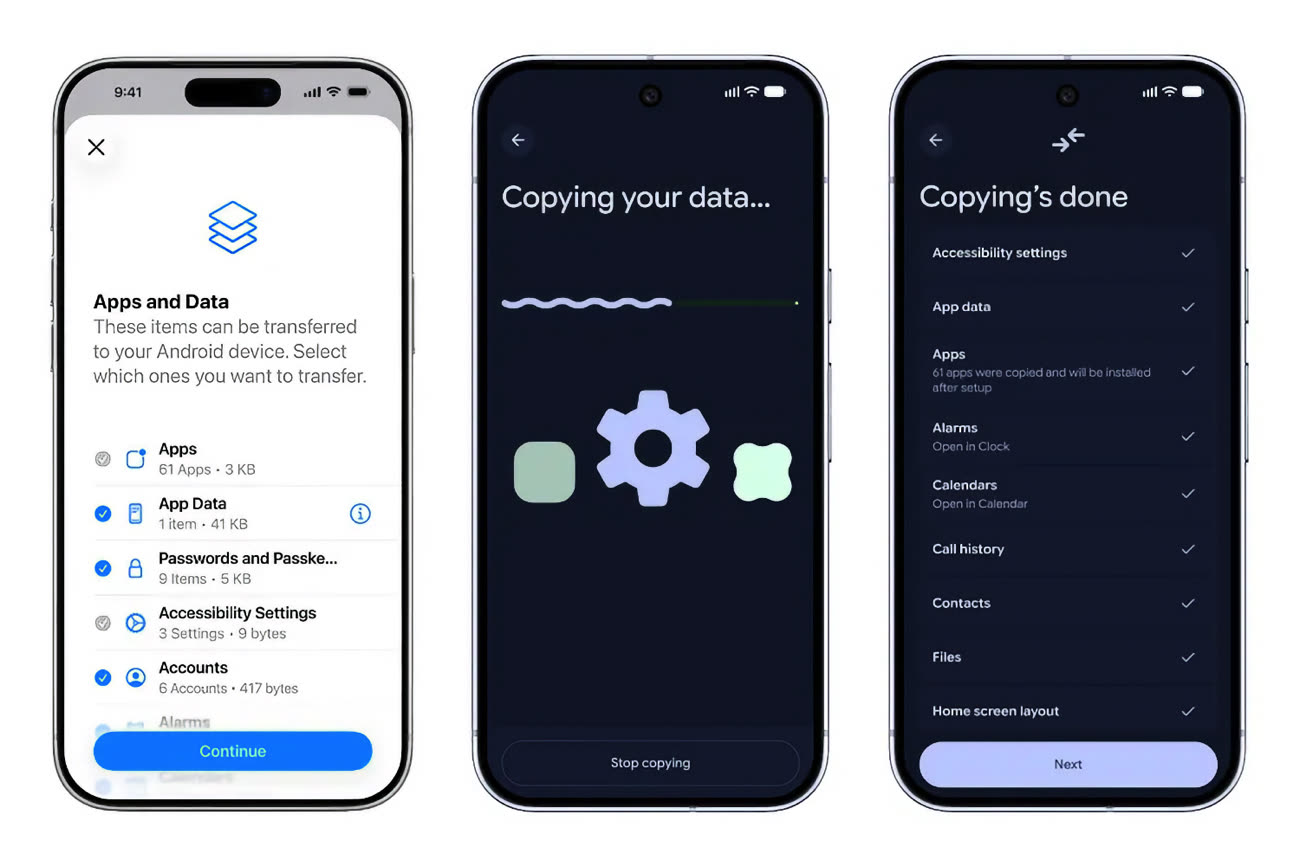Le transfert d’iOS à Android en action. Image Google.