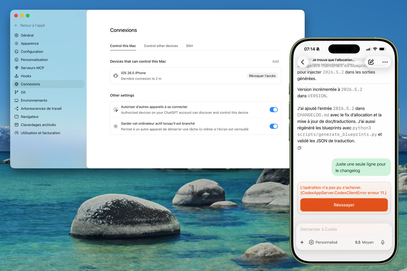 Codex intègre de nouveaux paramètres pour gérer la connexion mobile et permet notamment de maintenir le Mac actif (gauche). S’il est déjà en veille, ChatGPT ne pourra plus communiquer avec lui, sans l’indiquer clairement pour le moment (droite). Image MacGeneration.
