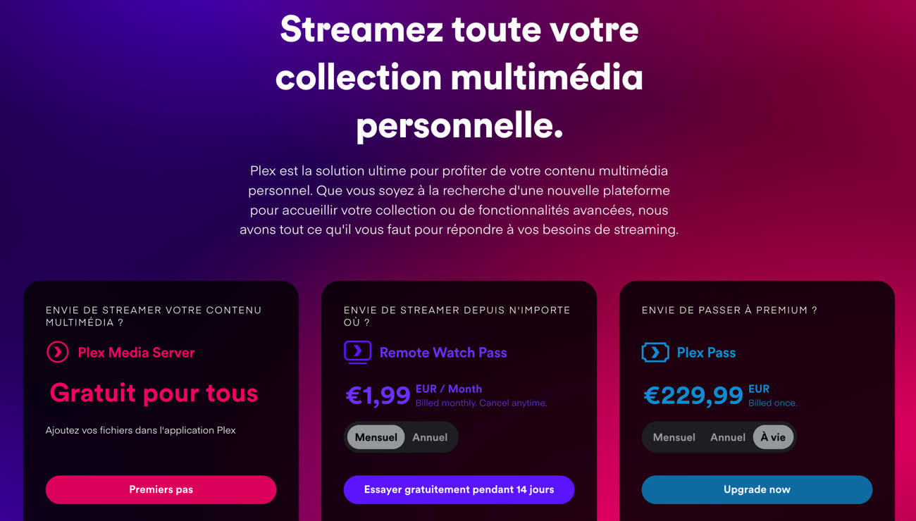 La grille actuelle de forfaits Plex. Capture site Plex, image MacGeneration.