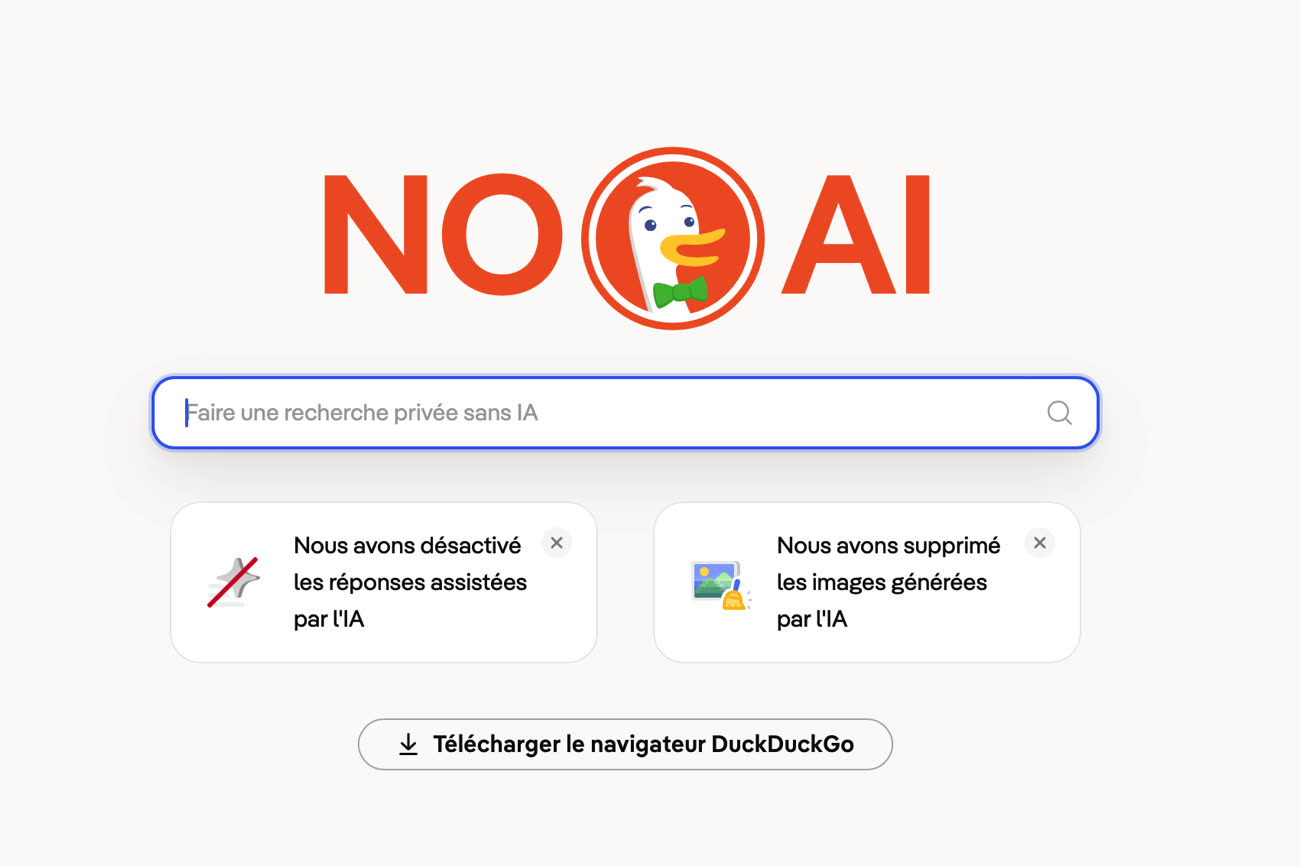 Capture d’écran de la version garantie sans IA de DuckDuckGo. Image MacGeneration.