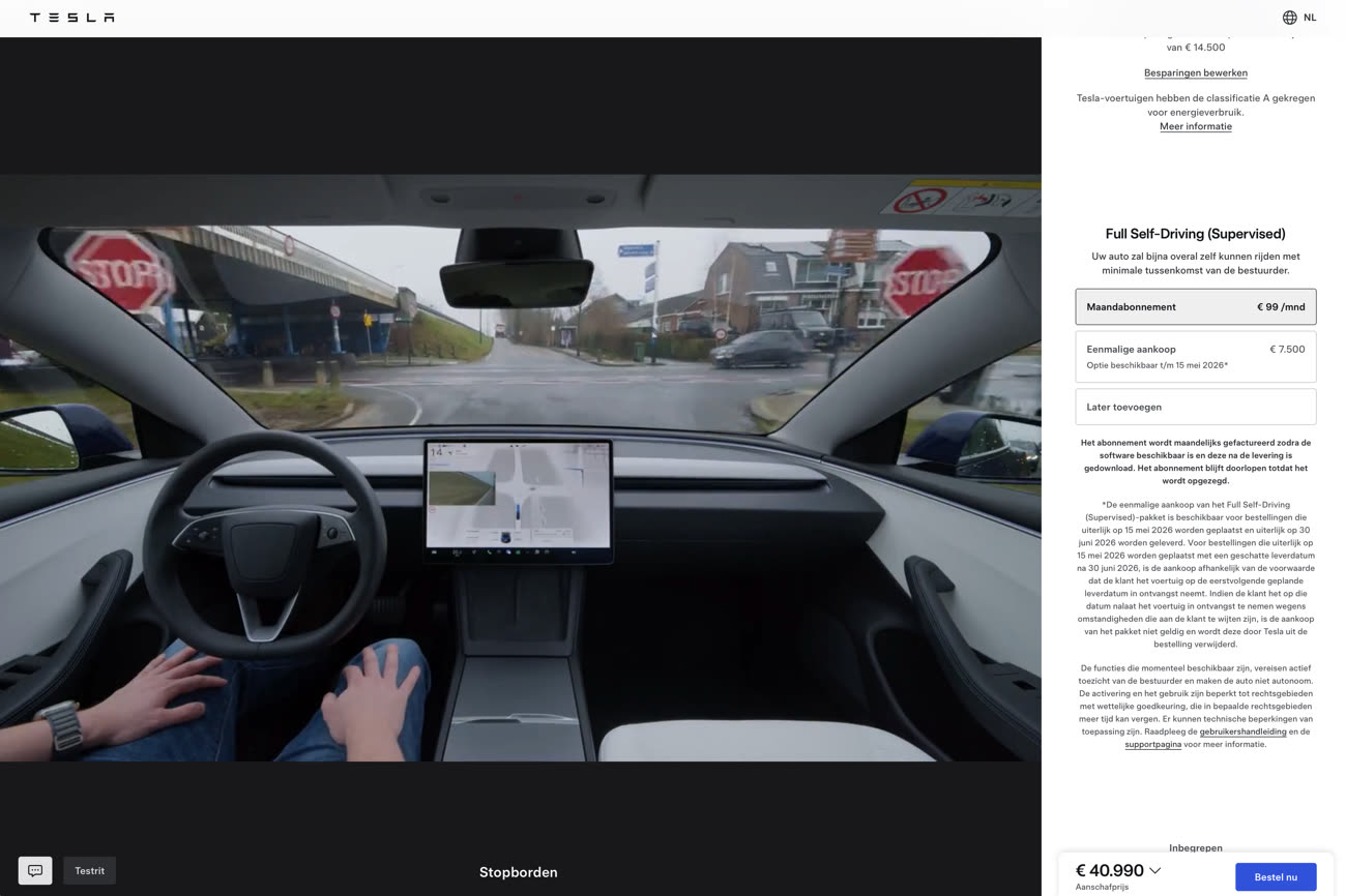Le configurateur néerlandais de Tesla n’affiche plus que le FSD : l’EAP intermédiaire a disparu et surtout, il n’y a plus de mention de l’Autopilot standard, un comportement déjà croisé aux États-Unis. Capture site Tesla, image MacGeneration.