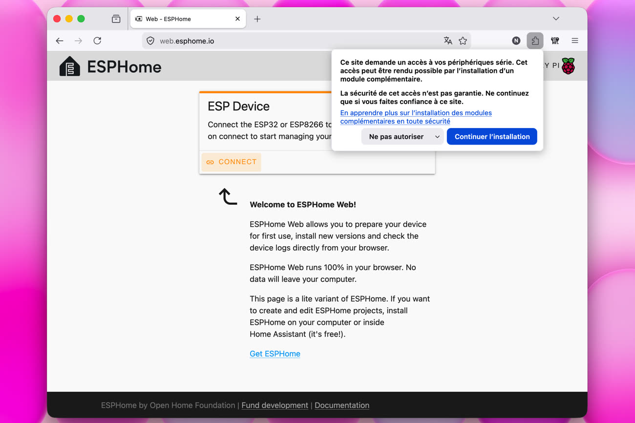 L’un des messages d’avertissement affichés par Firefox pour un site qui dépend de WebSerial. Image MacGeneration.
