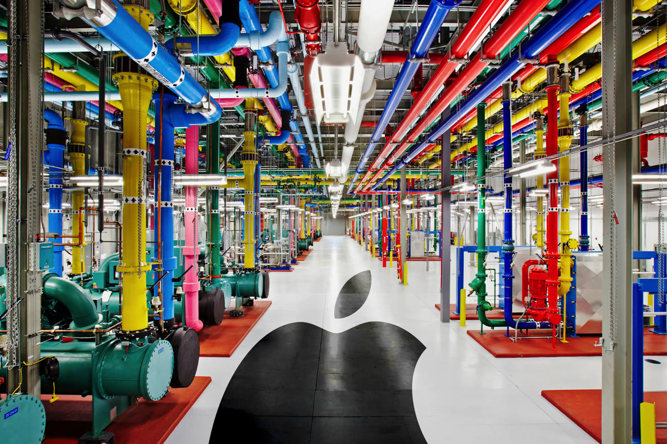 Le logo Apple sur le sol d’un centre de données Google Cloud. Image MacGeneration, photo de base Google.
