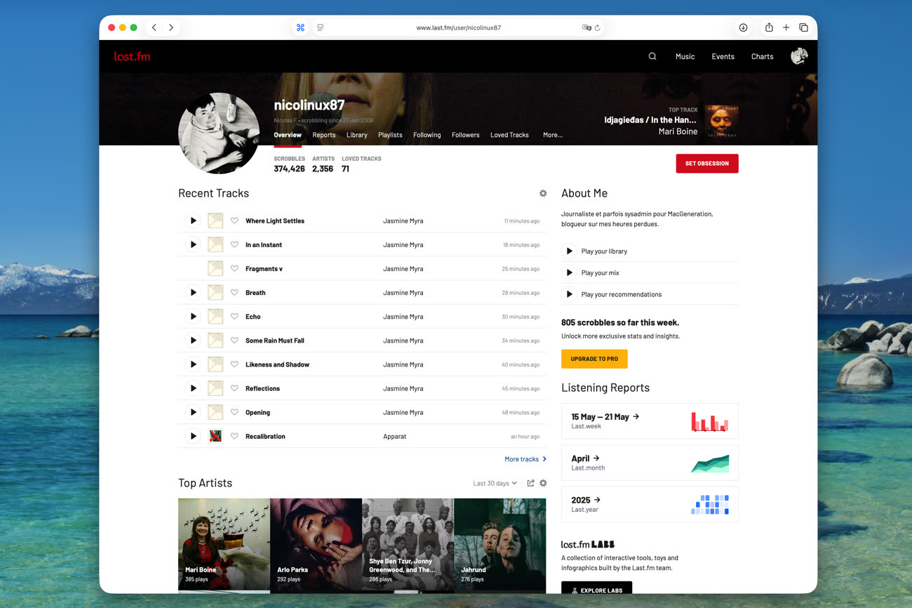 Mon profil sur Last.fm, avec plus de 18 ans de données collectées. Image MacGeneration.