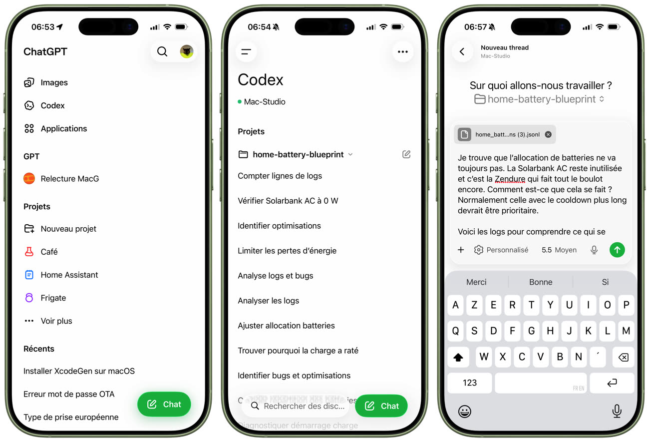 Accès à Codex depuis la barre latérale de ChatGPT iOS (gauche), avec la liste des discussions déjà existantes au centre et la création d’une nouvelle requête à droite. Image MacGeneration.