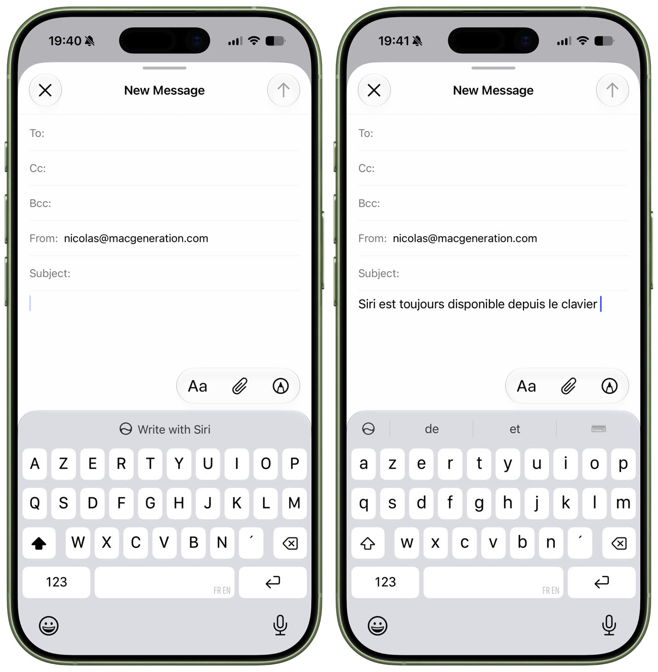 Le clavier virtuel d’iOS 27 b2 gagne un bouton Siri. Image iGeneration.