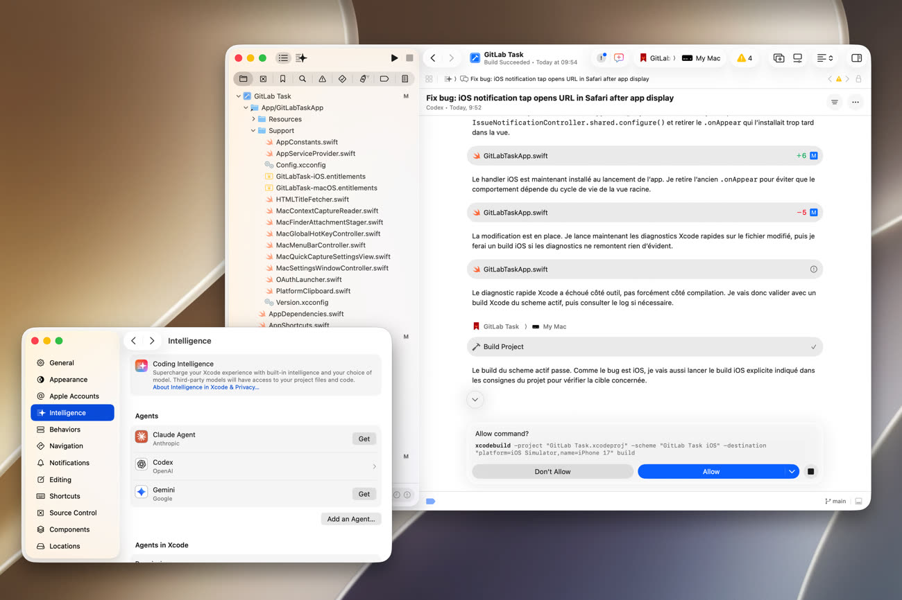 Jusque-là reléguée à une barre latérale, la conversation avec une IA occupe le cœur de l’interface de Xcode 27. Notez aussi la présence de Gemini dans les réglages en bas à gauche. Image MacGeneration.