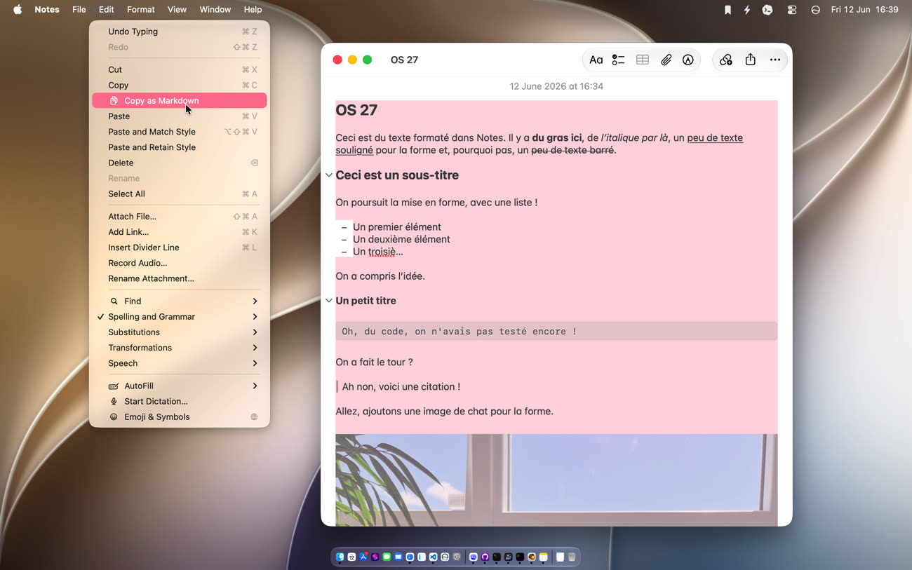 La commande pour copier du Markdown est présente dans les menus de Notes sous macOS Golden Gate. Image iGeneration.