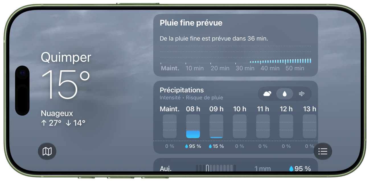 L’app Météo fonctionne maintenant aussi en paysage, ici avec le mode précipitations actif. Image iGeneration.