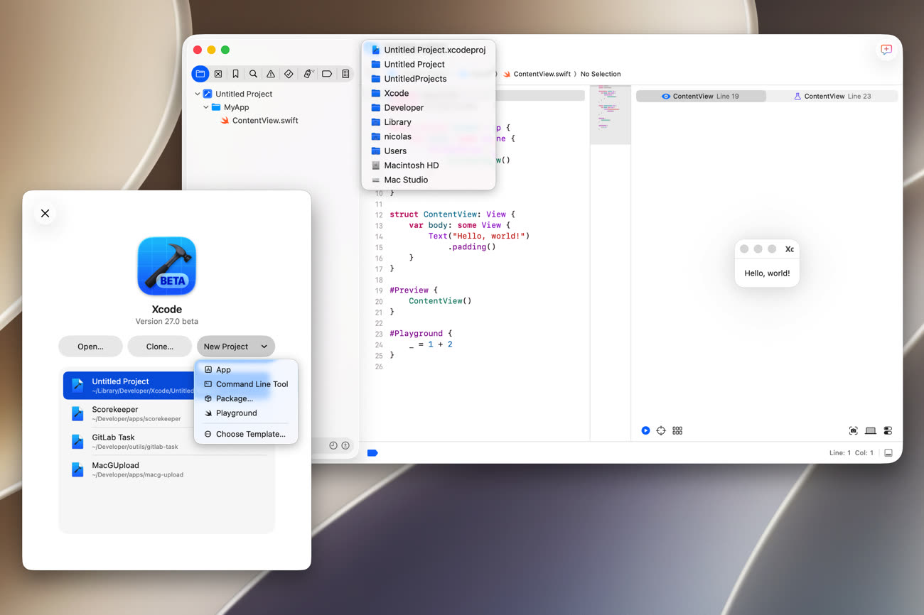Le nouveau panneau qui s’affiche à l’ouverture de Xcode 27 à gauche, avec le bouton pour créer une app. Le résultat à droite, un projet sans nom, stocké dans la bibliothèque de l’app, prêt à être rempli. Image MacGeneration.